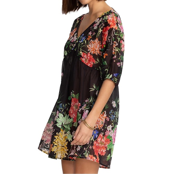 Johnny Was Womn XL Black Floral Cotton Silk Sheer Metalli Notte A-Line Dress NWT - Picture 2 of 14